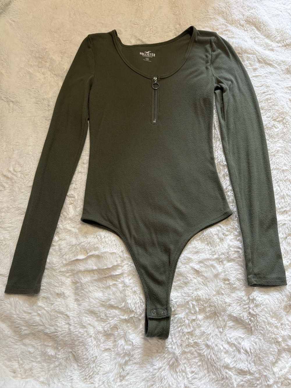 Hollister Olive Green Long-Sleeve Ribbed Bodysuit with Zip